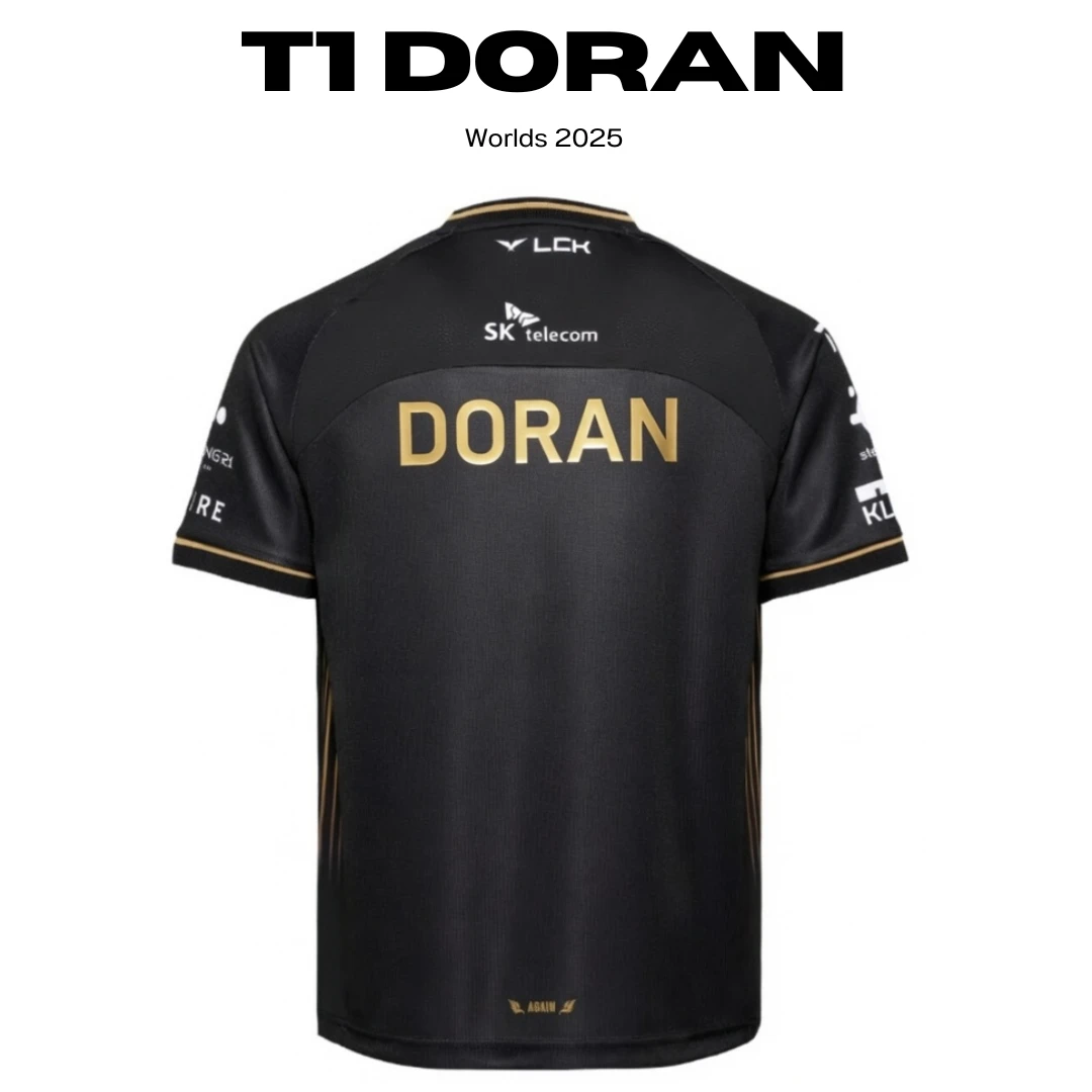Camiseta T1 Doran Worlds 2025, espalda con el nombre DORAN