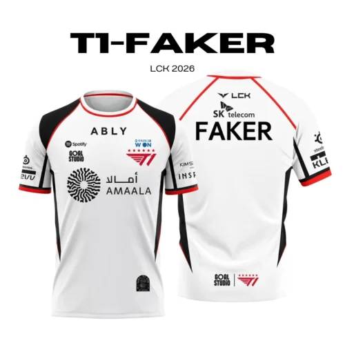 Camiseta oficial T1 Faker LCK 2026 blanca, frente y espalda