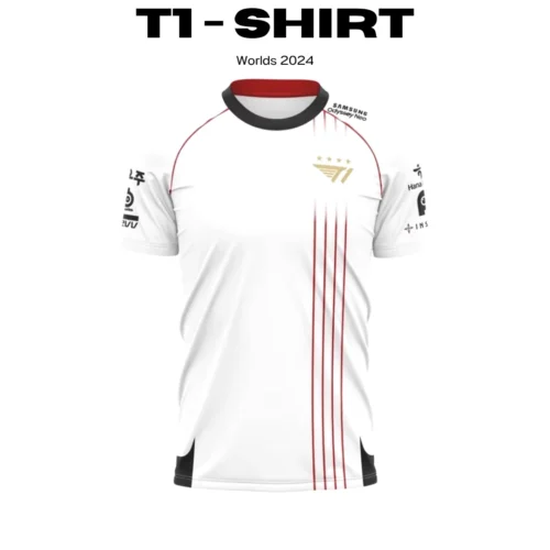 Camiseta oficial T1 Worlds 2024 blanca con lineas rojas y logo dorado, vista frontal
