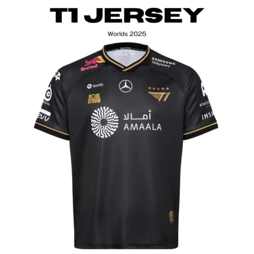Camiseta oficial T1 Worlds 2025 negra con detalles dorados, vista frontal