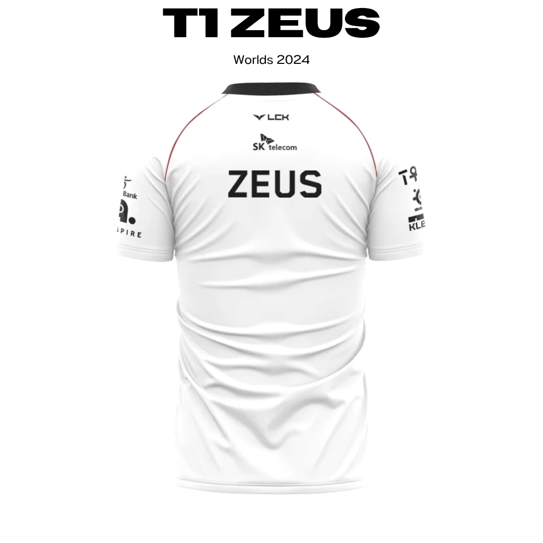 Camiseta T1 Zeus Worlds 2024, espalda con el nombre ZEUS