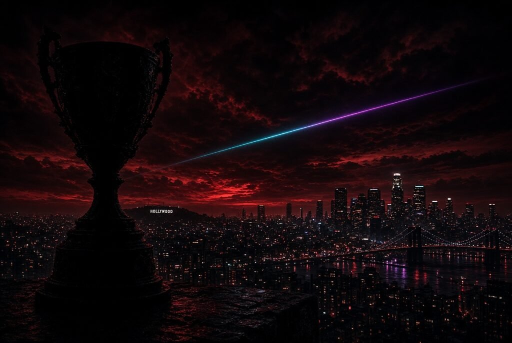 Silueta de la copa de Worlds 2026 sobre el horizonte nocturno de Los Ángeles, sede del mundial de League of Legends