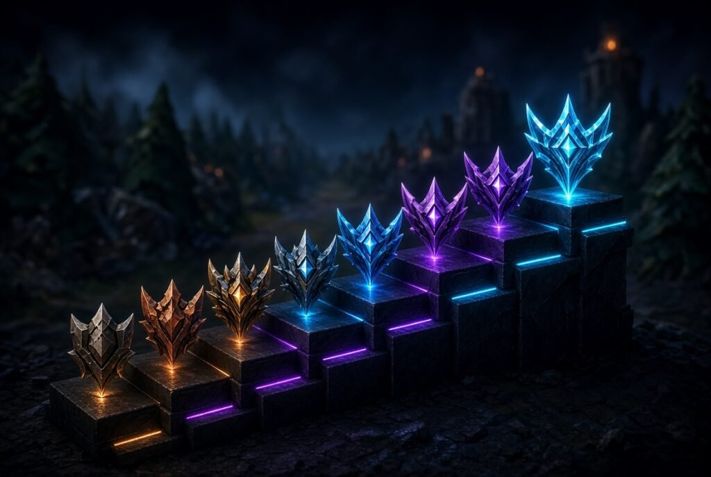 Escalera de emblemas de rango de League of Legends desde Hierro hasta Challenger, guía para subir de elo en 2026