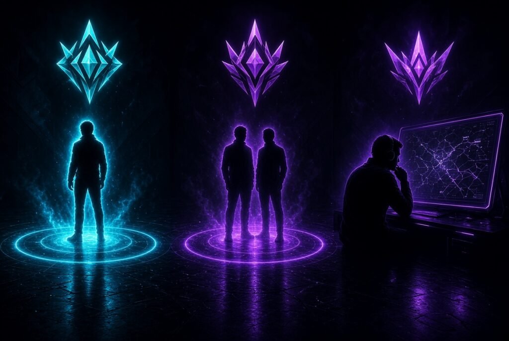 Comparación visual de tres caminos para subir de rango en LoL: solo boost, duo queue con Challenger y coaching 1 a 1
