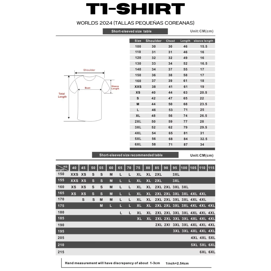 Tabla de tallas en centimetros de la camiseta T1 Worlds 2024, tallaje coreano