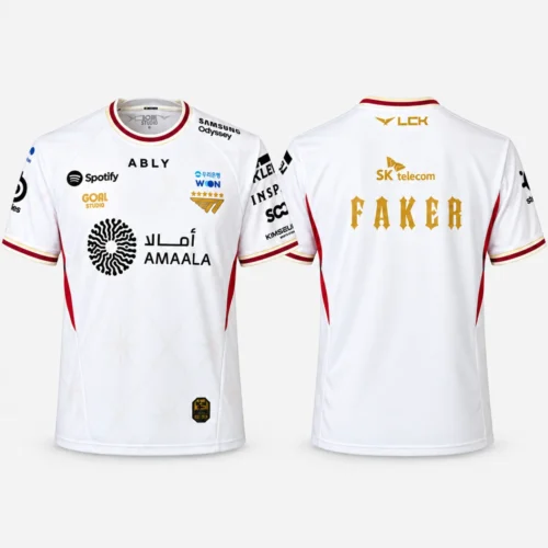 Camiseta T1 Worlds 2026 de Faker (versión fan): vista frontal con logo T1 de 6 estrellas y espalda con FAKER en dorado