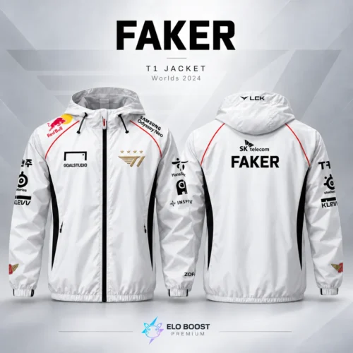 Chaqueta T1 Worlds 2024 versión fan de Faker: vista frontal y trasera con FAKER en la espalda